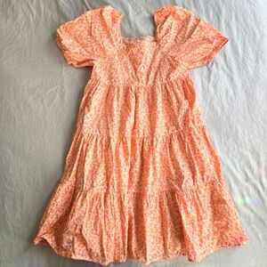 Crewcuts Orange & Pink Floral Cotton Dress sz 8 Puff Sleeve Tiered Skirt